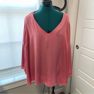 Lane Bryant Pink Bell Sleeve V-Neck Lightweight Blouse